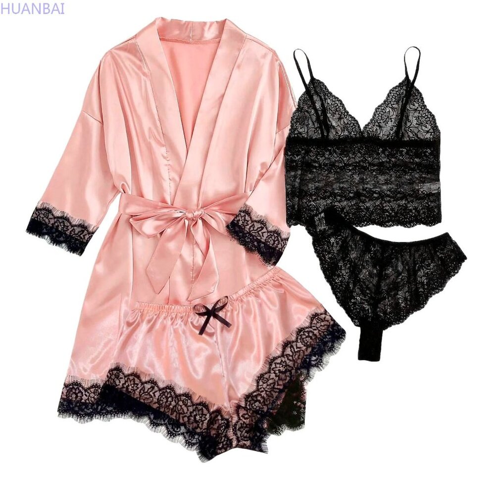 Women Silk Satin PJ Set 4pcs Lingerie Lace Cami Sleepwear + Robe HOT! SEXY! NWT!
